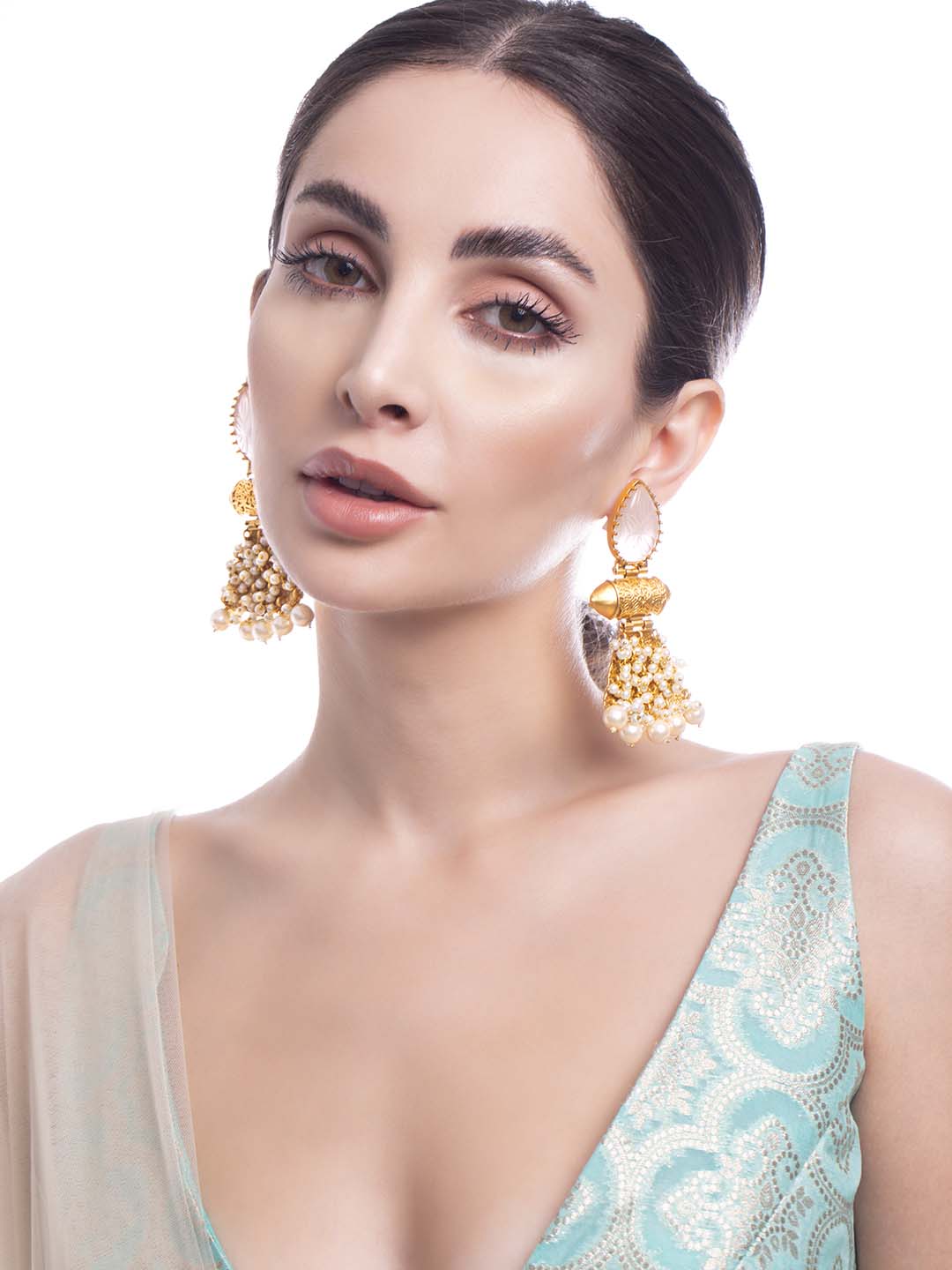 22K Gold Plated Drop Earrings With Studded White Stone And Pearls - Gold