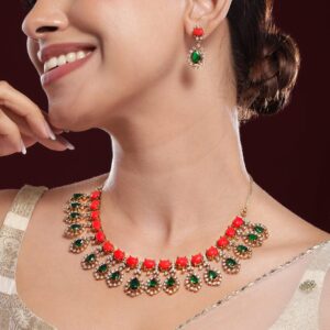 22K Gold-Plated Orange & Emerald Dark Green Stones with Cubic Zirconia Necklace Set - Gold