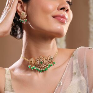 22K Gold Plated Emerald Green & Cubic Zirconia Choker Set with Green & Pearl Beads