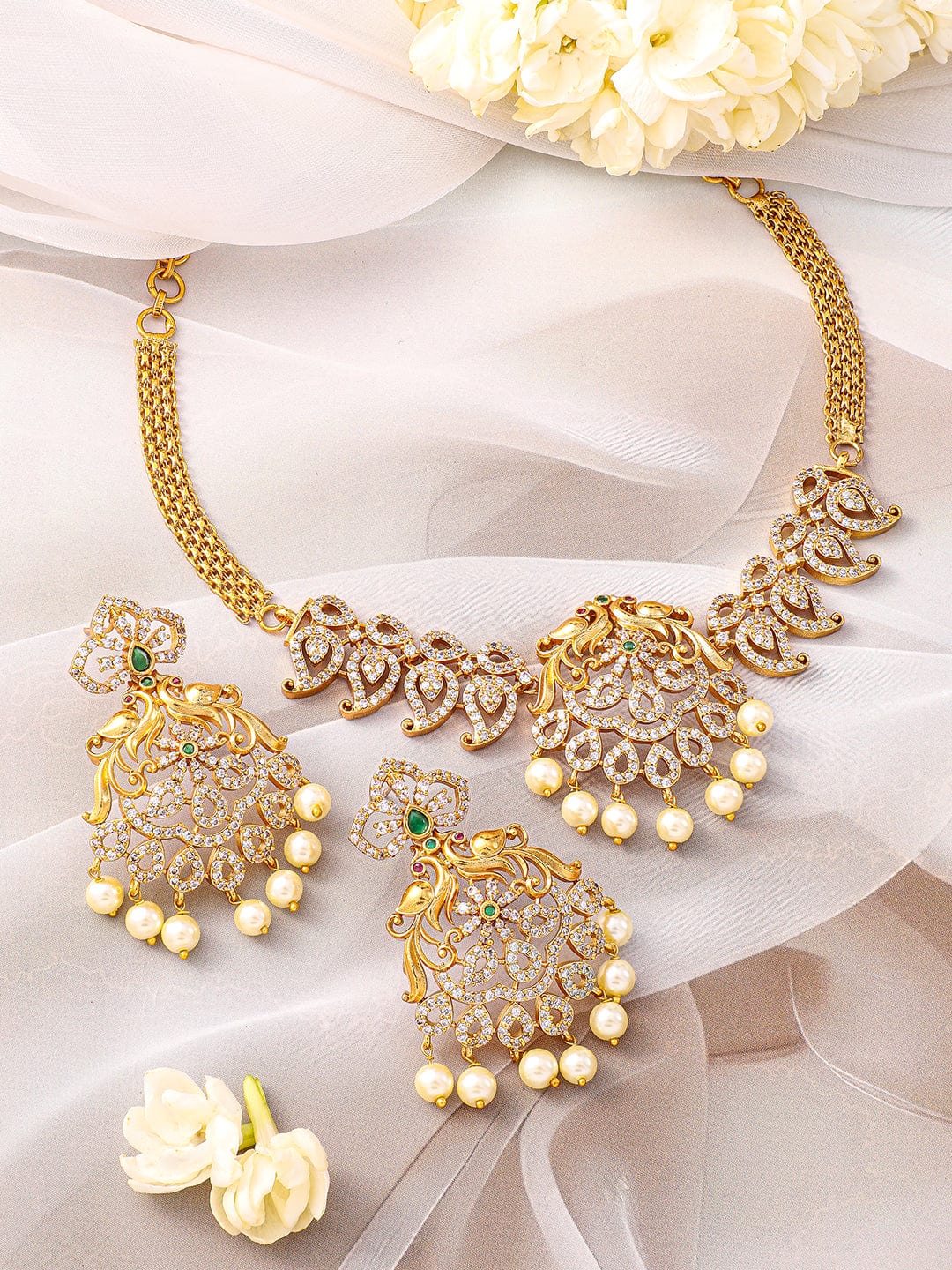 22K Gold-Plated Emerald Green & Cubic Zirconia Jewellery Set with Pearl Beads - Gold