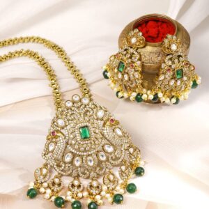 22K Gold-Plated Emerald Green & Cubic Zirconia Studded Long Necklace Set with Emerald Green & White Pearls Beaded Accents