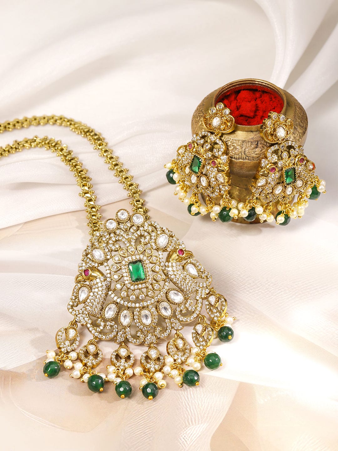 22K Gold-Plated Emerald Green & Cubic Zirconia Studded Long Necklace Set with Emerald Green & White Pearls Beaded Accents