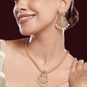 22K Gold-Plated Emerald Green & Cubic Zirconia Studded Necklace Set with Pearl Accents
