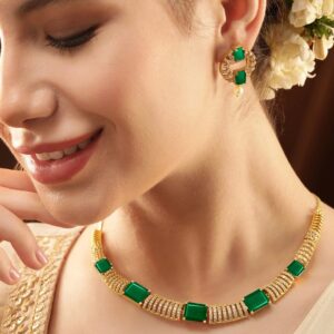 22K Gold-Plated Emerald Green & Cubic Zirconia Studded Premium Jewellery Set with Earrings