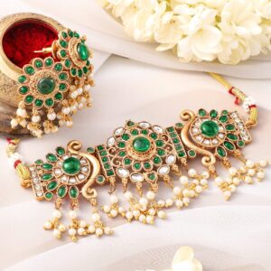 22K Gold-Plated Emerald Green Kundan Studded Choker Jewellery Set with Pearl Accents
