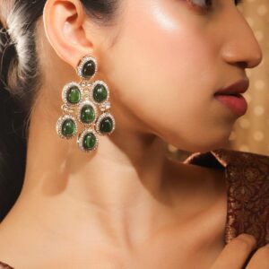 22K Gold-Plated Emerald Green Oval Stone & Cubic Zirconia Studded Chandelier Earrings for Women – Premium Designer Jewelry
