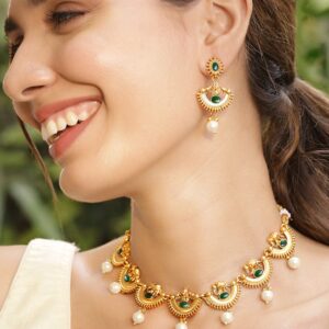 22K Gold-Plated Emerald Green & Pearl Beaded Statement Necklace Set with Earrings - Gold