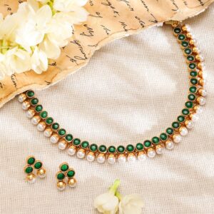 22K Gold-Plated Emerald Green & Pearl Beaded Traditional Jewellery Set