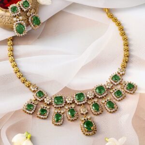 22K Gold-Plated Emerald Green Stone & Sparkling Cubic Zirconia Studded Necklace Set