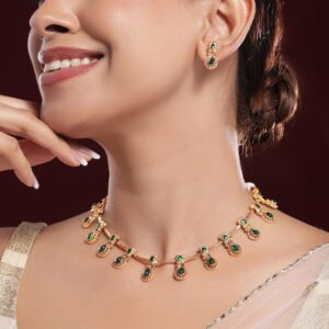 22K Gold-Plated Emerald Green Stone Studded Antique Handcrafted Necklace Set
