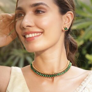 22K Gold-Plated Emerald Green Stone Studded Traditional Necklace Set - Gold