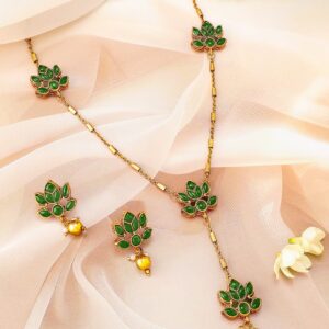 22K Gold Plated Emerald Green Studded Layered Lotus Motif Necklace Set