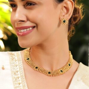 22K Gold-Plated Emerald Green Studded Traditional Choker Necklace Set with Gold Beads
