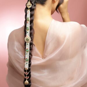 22K Gold-Plated Emerald & Ruby Kundan Studded Cream Pearl Beaded Handcrafted Head Jewellery for Brides & Bridesmaids