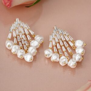 22K Gold-Plated Fan Design Earrings with Baroque Pearls & Cubic Zirconia Detail