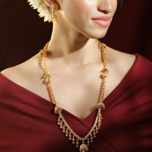 22K Gold-Plated Floral Design Necklace & Earrings Set with Golden Beaded Detailing for Women