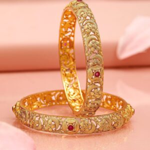 Set of 2 22K Gold-Plated Ruby Pink Stone & Floral Design Traditional Bangles - 2.1