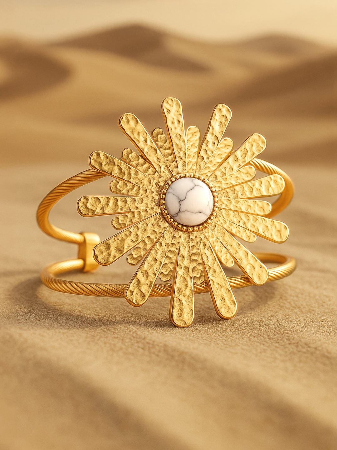 22K Gold-Plated Free Size Sunburst Cuff Bracelet with White Marble Accent - Gold