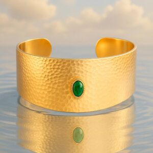 22K Gold-Plated Free Size Textured Cuff Bracelet with Emerald Green Accent - Gold
