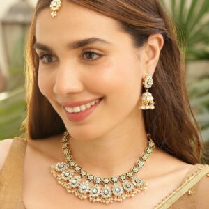22K Gold-Plated Green Enamel Kundan Studded Necklace Set with Pearl Beaded Drops - Gold