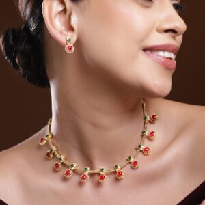 22K Gold-Plated Green & Ruby Red Stone Studded Traditional Necklace Set with Textured Drop Accents
