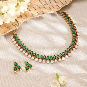 22K Gold-Plated Green Stone & Pearl Beaded Traditional Jewellery Set