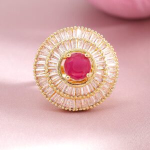 22K Gold Plated Ruby Pink & White American Diamond Studded Adjustable Finger Ring - Green