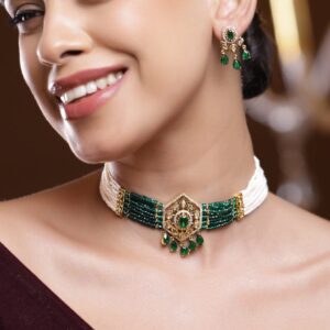 22K Gold-Plated Handcrafted Choker Necklace Set with Emerald Green Cubic Zirconia & Off-White Beads