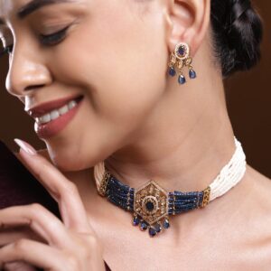 22K Gold-Plated Handcrafted Choker Necklace Set with Navy Blue Cubic Zirconia & Off-White Beads