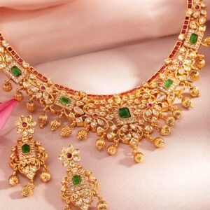 22K Gold Plated Handcrafted Faux Ruby Stone with Gold Beads Traditional Necklace Set - Multicolor