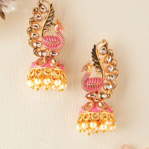 22k Gold-Plated Handcrafted Kundan & Enamel Peacock Design Jhumka Earring - Gold