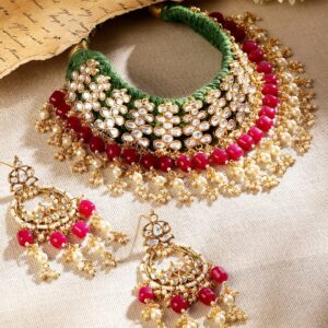 22K Gold Plated Handcrafted Kundan Green Detailing Ruby & White Beaded Choker Jewellery Set