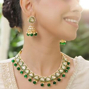 22K Gold-Plated Handcrafted Kundan Studded Green Enamel & Green Beaded Necklace Set