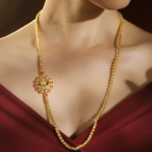 22K Gold-Plated Handcrafted Long Necklace with Ruby Pink Accented Side Pendant for Women