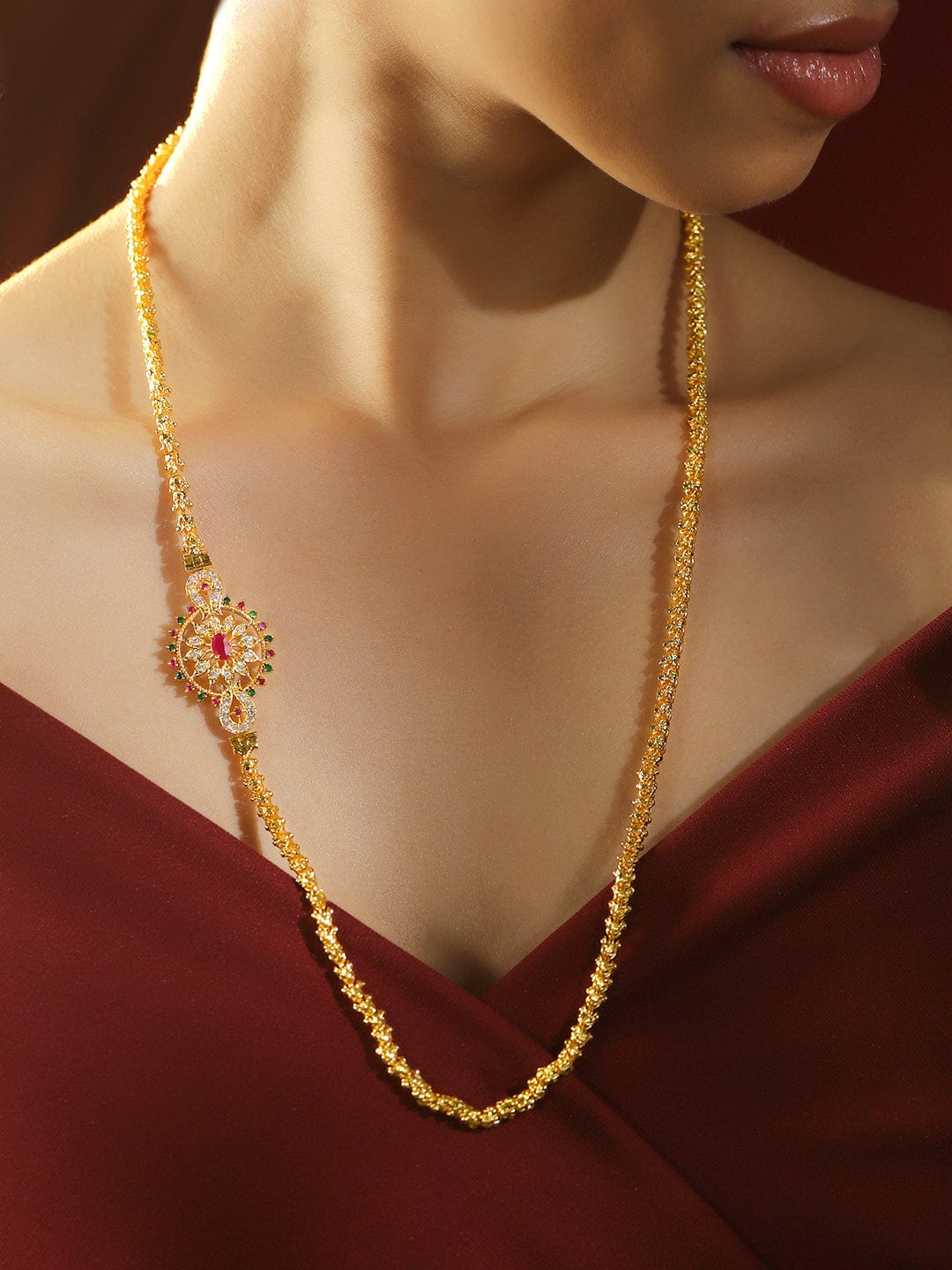 22K Gold-Plated Handcrafted Long Necklace with Ruby Pink & Emerald Green Accent Pendant for Women