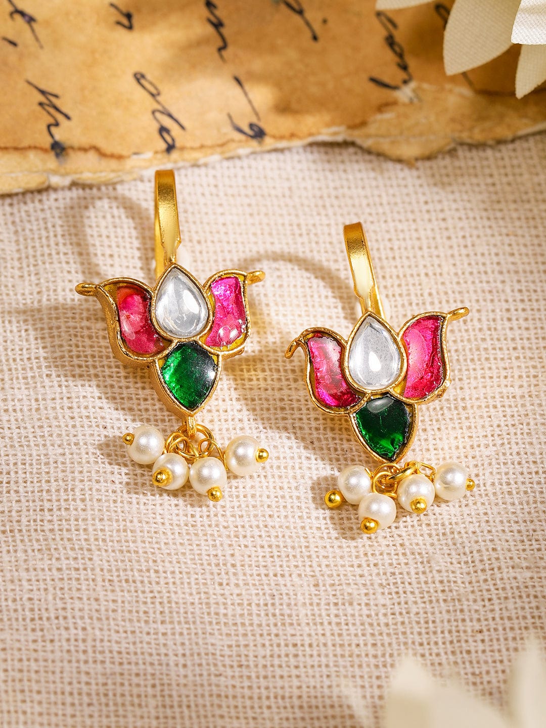 rubans-22k-gold-plated-handcrafted-ruby-pink-emerald-green-white-kundan-studded-lotus-design-minimal-ear-cuff-with-pearl-drop-for-women-ear-cuff-earrings-1147461793.jpg