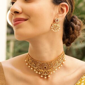 22K Gold-Plated Handcrafted Ruby & White Polki Pearl Beaded Intricate Floral Motif Choker Set for Women - Red