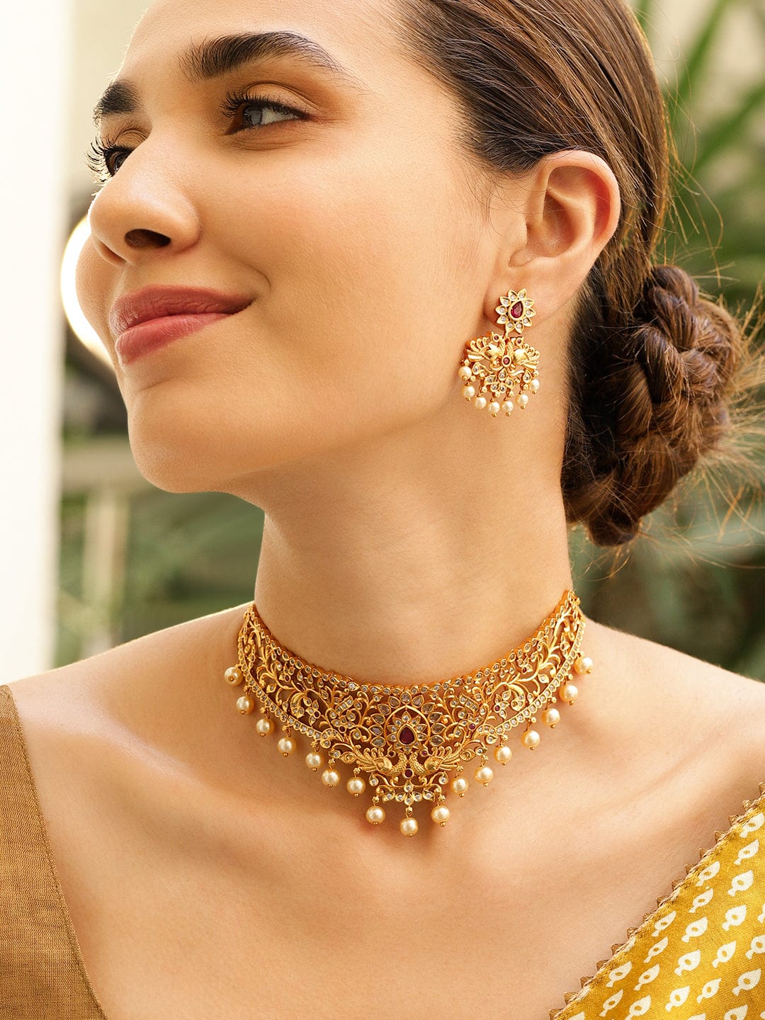 22K Gold-Plated Handcrafted Ruby & White Polki Pearl Beaded Intricate Floral Motif Choker Set for Women - Red