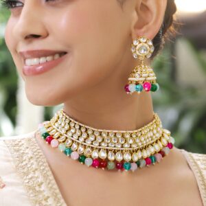 22K Gold-Plated Handcrafted White Kundan & Cubic Zirconia Studded Double Layer Necklace Set with Multi-Colored Beads