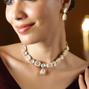 22K Gold-Plated Handcrafted White Kundan Luxe Choker Necklace Set with Pastel Blue Enamel Detailing
