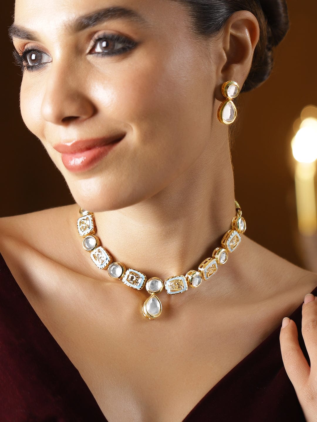 22K Gold-Plated Handcrafted White Kundan Luxe Choker Necklace Set with Pastel Blue Enamel Detailing