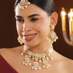 22K Gold-Plated Handcrafted White Kundan Studded & Pearl Beaded Bridal Jewellery Set with Earrings & Maangtikka