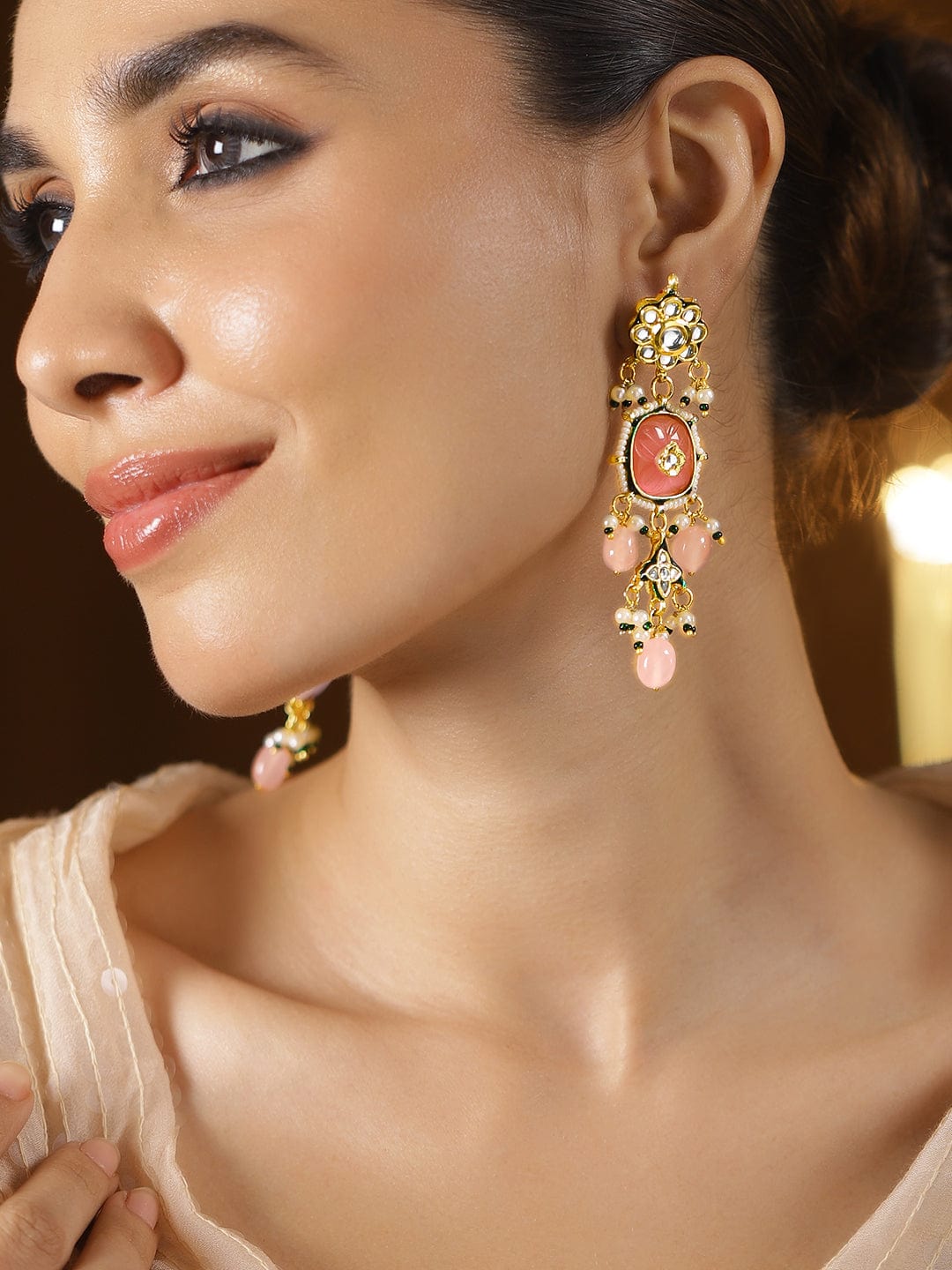 22K Gold-Plated Kundan Floral Studded Pink Carved Stone with Green & White Beaded Dangler Earrings