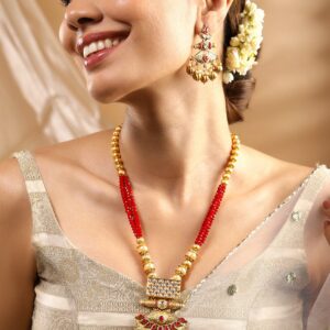 22K Gold-Plated Kundan Jewellery Set with Ruby Red Beaded Multistrand & Golden Bead - Maroon