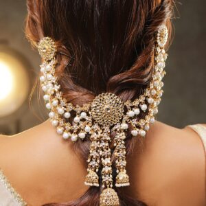 22K Gold Plated Kundan & Pearl Studded Bridal Hair Accessory for Wedding Look - Gold