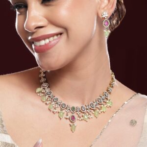 22K Gold-Plated Kundan, Pink Stone & Green Beaded Jewellery Set with Pearl & Cubic Zirconia Drops