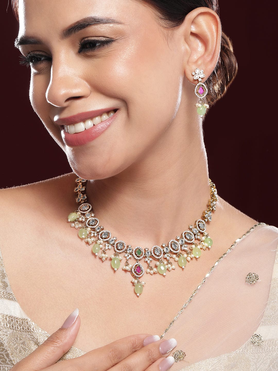 22K Gold-Plated Kundan, Pink Stone & Green Beaded Jewellery Set with Pearl & Cubic Zirconia Drops