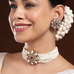 22K Gold-Plated Kundan & Ruby Studded White Pearl Beaded Floral Choker Necklace Set - ruby