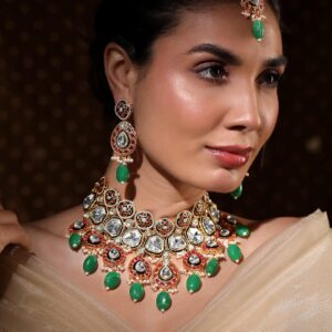 22K Gold-Plated Kundan Ruby & Green Beaded Bridal Choker Necklace Set