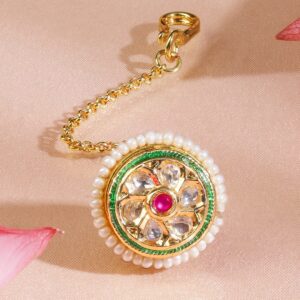 22K Gold-Plated Kundan & Ruby Pink Stone Floral Borla Maang Tikka with Pearl Edge